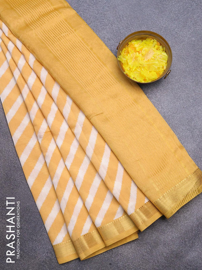 Malai silk saree off white and yellow shade with allover leheriya prints and zari woven border