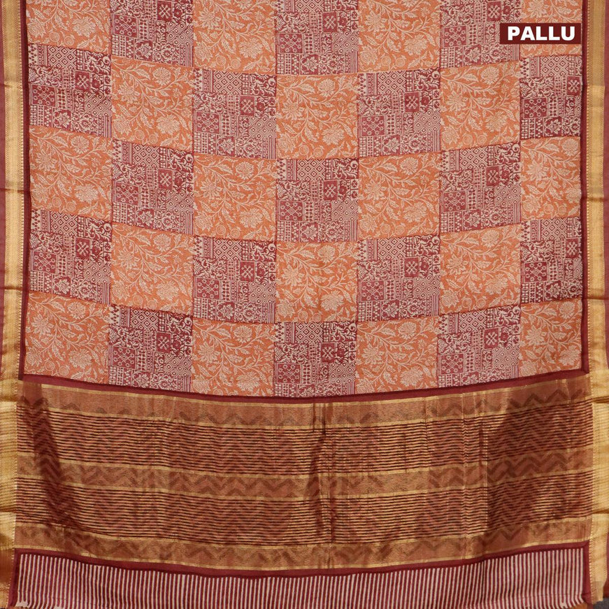 Malai silk saree rust shade and maroon with allover prints and zari woven border