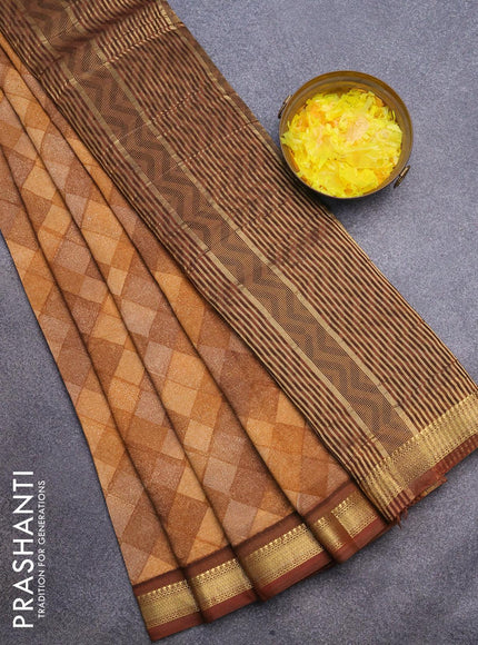 Malai silk saree dark mustard and rust shade with allover geometric prints and zari woven border