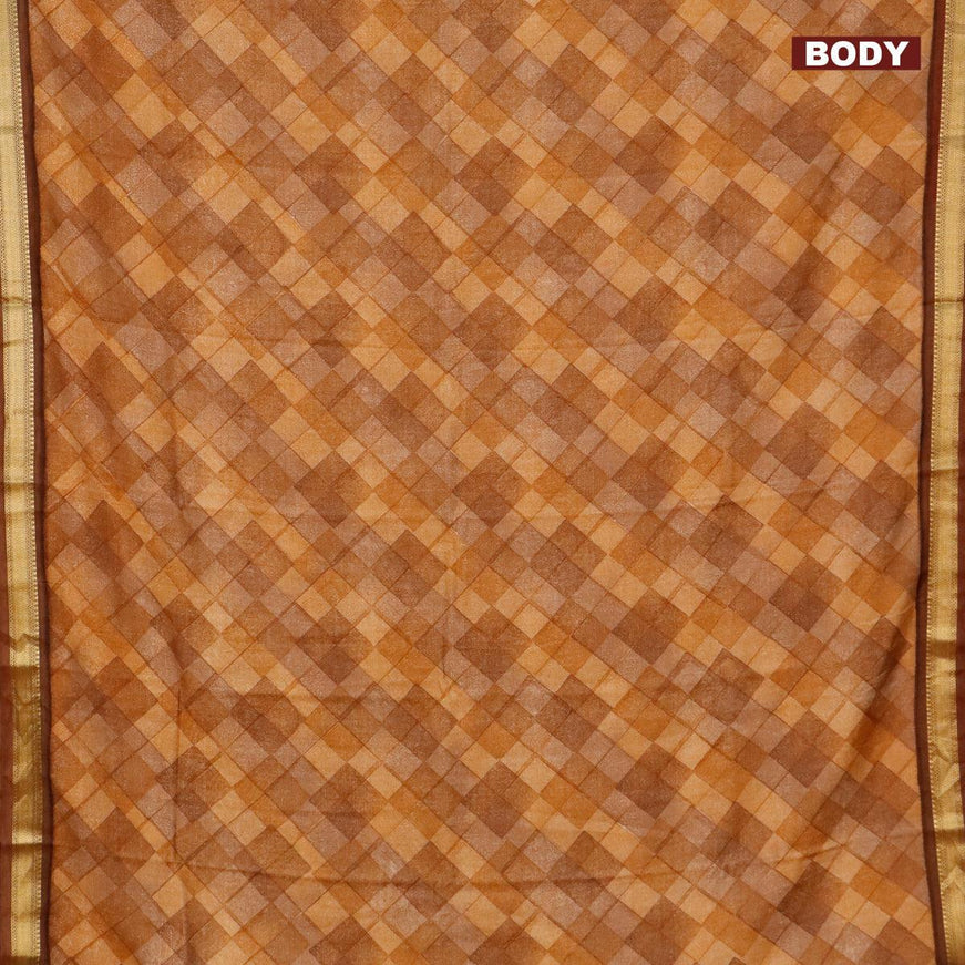 Malai silk saree dark mustard and rust shade with allover geometric prints and zari woven border