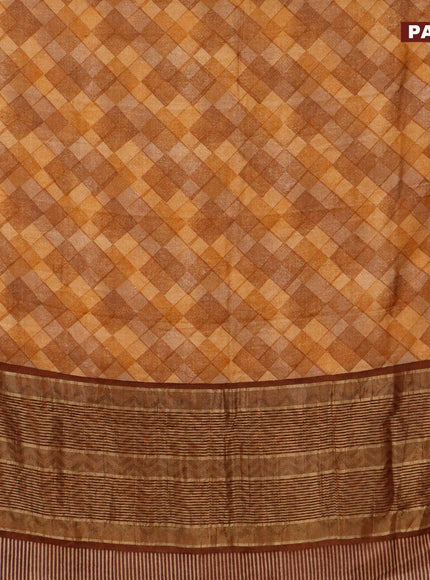 Malai silk saree dark mustard and rust shade with allover geometric prints and zari woven border