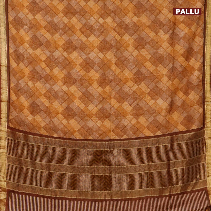 Malai silk saree dark mustard and rust shade with allover geometric prints and zari woven border