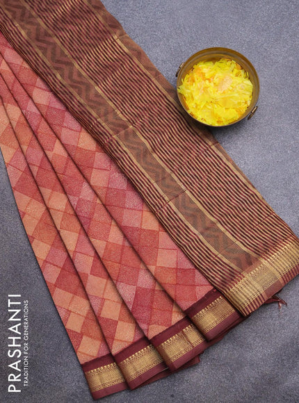 Malai silk saree rust shade and maroon with allover geometric prints and zari woven border