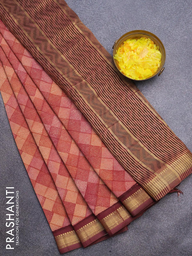 Malai silk saree rust shade and maroon with allover geometric prints and zari woven border