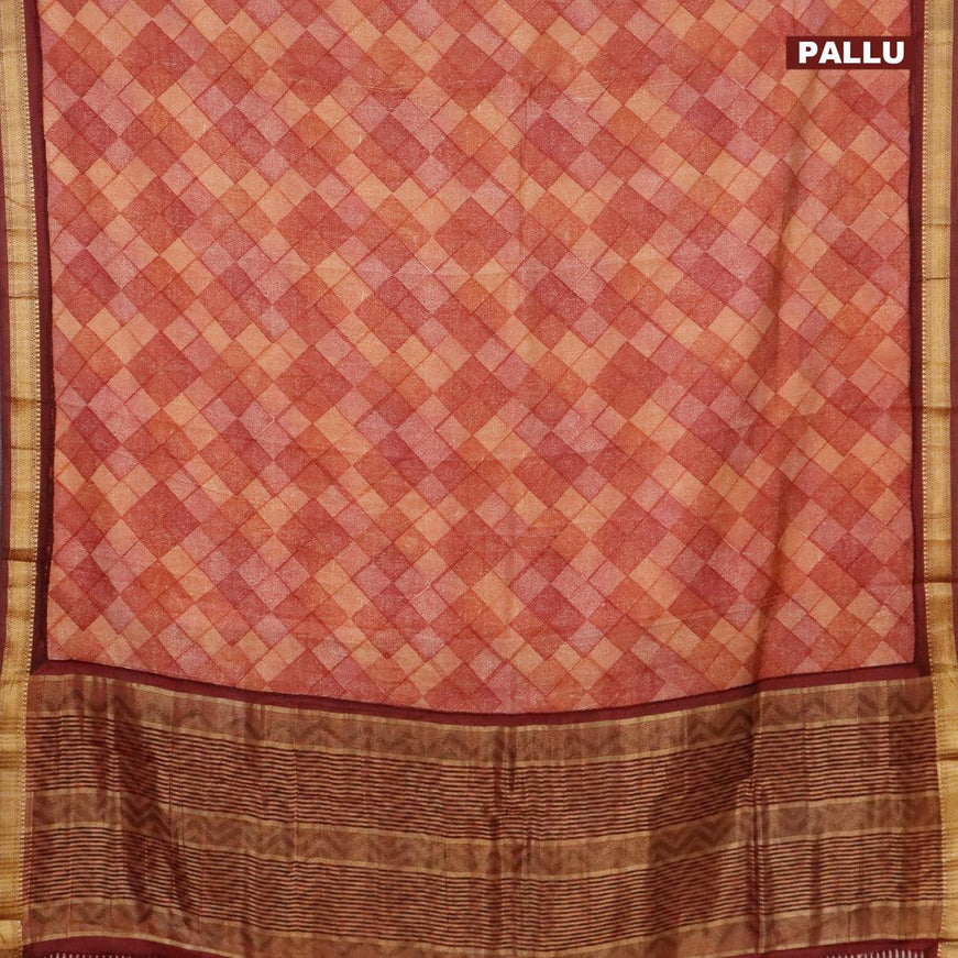 Malai silk saree rust shade and maroon with allover geometric prints and zari woven border