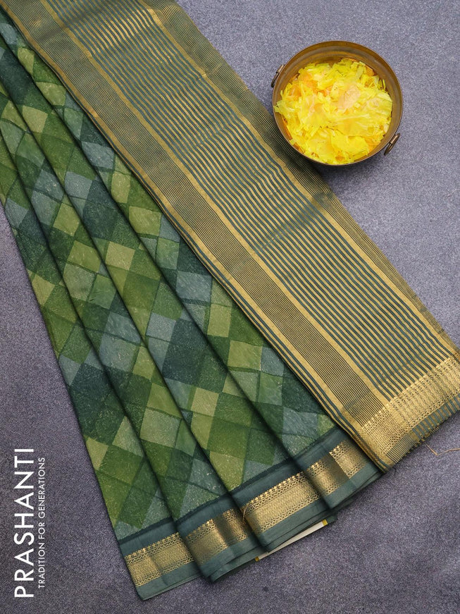 Malai silk saree green with allover geometric prints and zari woven border