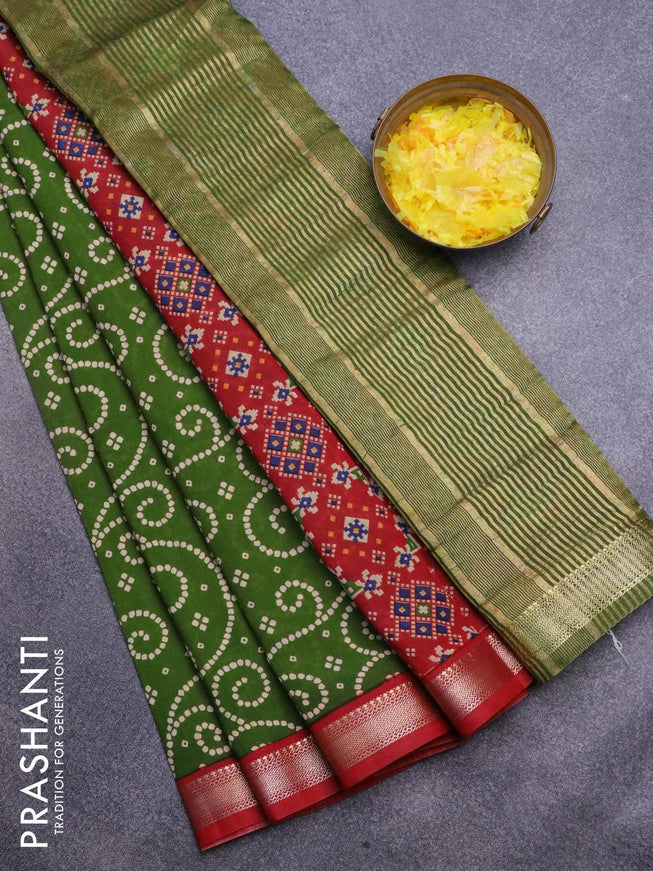 Malai silk saree green and maroon with allover bandhani prints and zari woven border