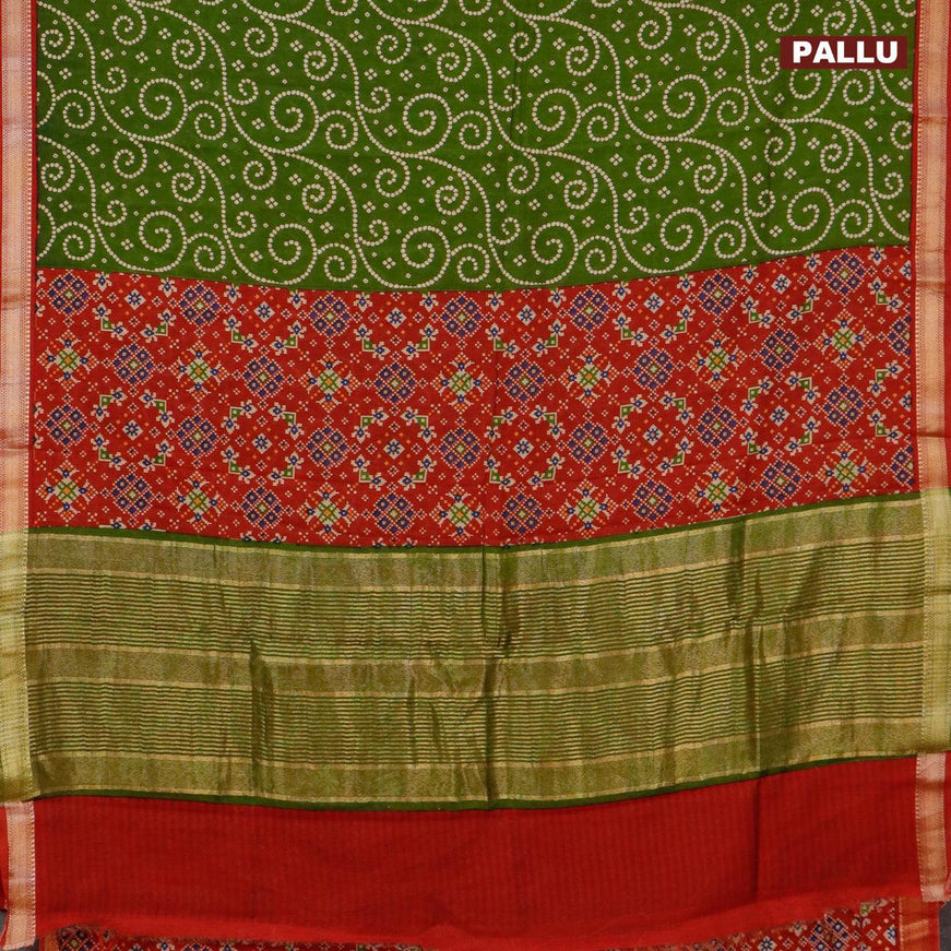 Malai silk saree green and maroon with allover bandhani prints and zari woven border