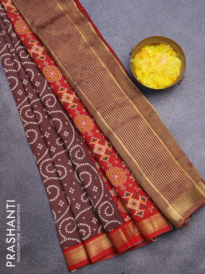 Malai silk saree coffee brown and red with allover bandhani prints and zari woven border