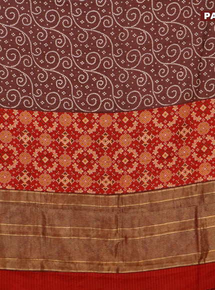 Malai silk saree coffee brown and red with allover bandhani prints and zari woven border