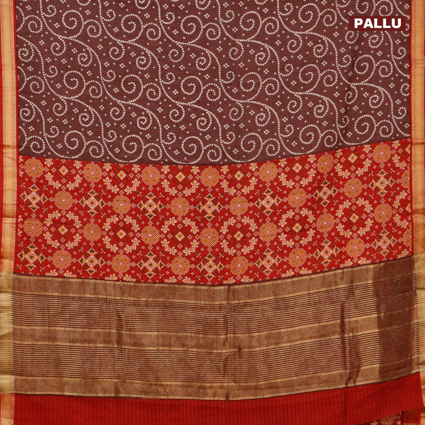 Malai silk saree coffee brown and red with allover bandhani prints and zari woven border