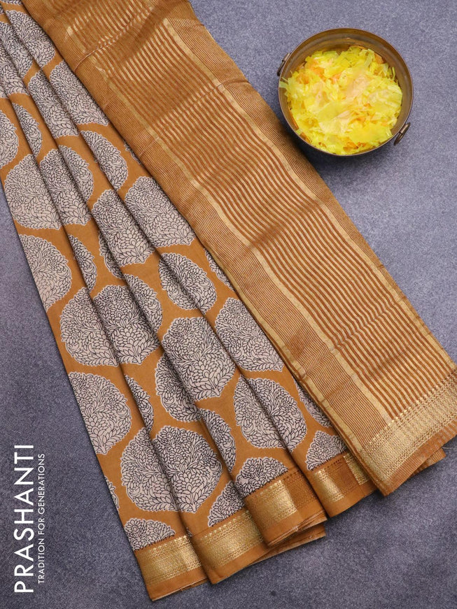 Malai silk saree dark mustard with allover butta prints and zari woven border