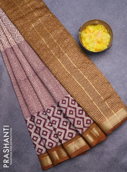 Malai silk saree beige maroon and dark mustard with allover prints and zari woven border