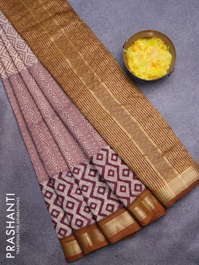 Malai silk saree beige maroon and dark mustard with allover prints and zari woven border