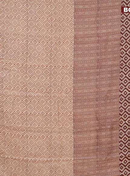 Malai silk saree beige maroon and dark mustard with allover prints and zari woven border