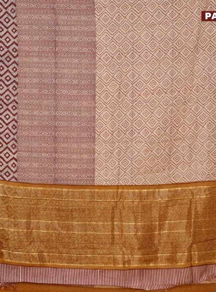 Malai silk saree beige maroon and dark mustard with allover prints and zari woven border