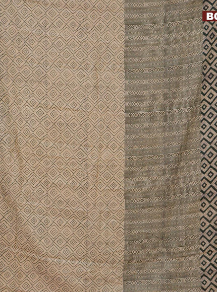 Malai silk saree beige green and dark mustard with allover prints and zari woven border