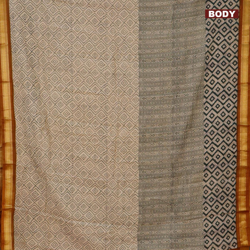 Malai silk saree beige green and dark mustard with allover prints and zari woven border