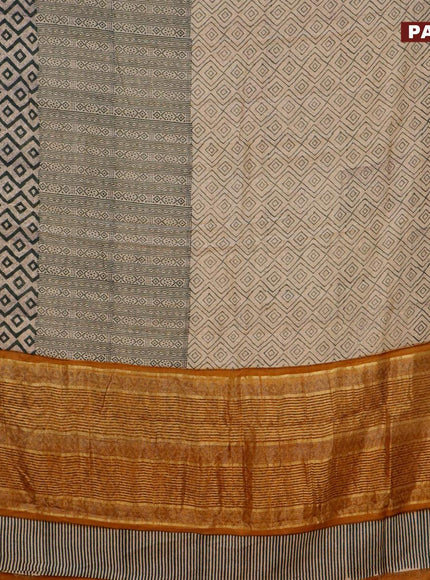 Malai silk saree beige green and dark mustard with allover prints and zari woven border