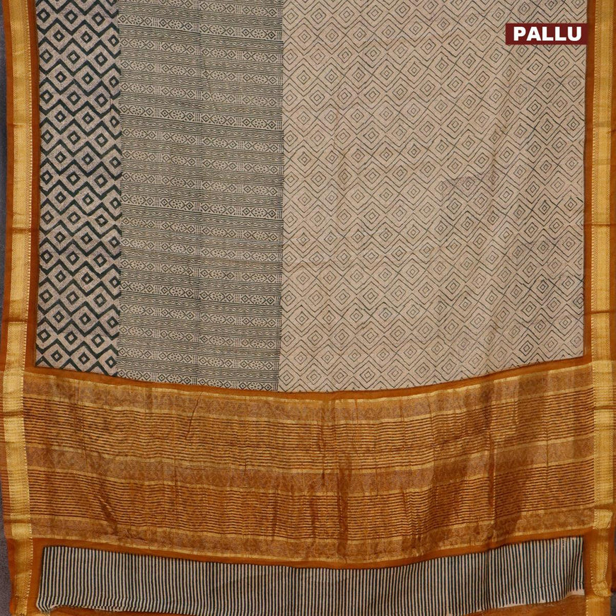 Malai silk saree beige green and dark mustard with allover prints and zari woven border