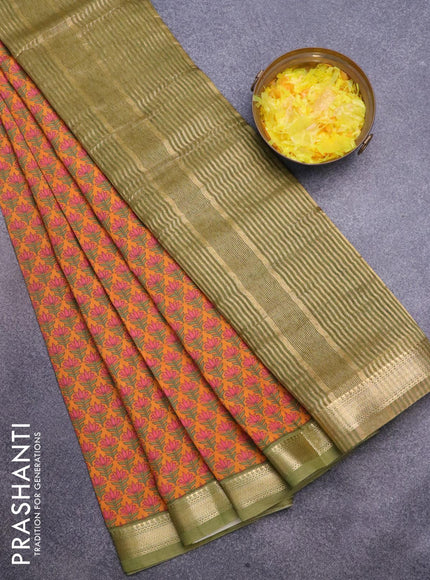 Malai silk saree mango yellow and green with allover floral prints and zari woven border