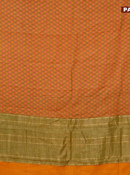 Malai silk saree mango yellow and green with allover floral prints and zari woven border