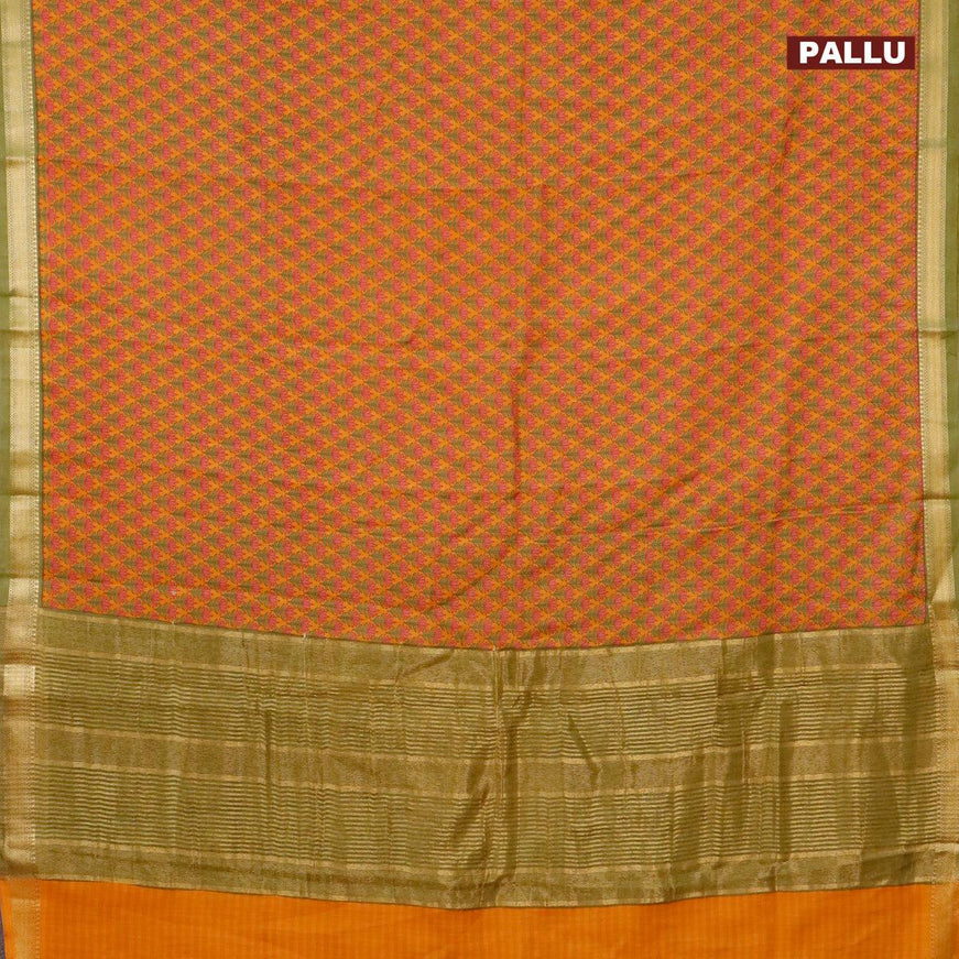 Malai silk saree mango yellow and green with allover floral prints and zari woven border