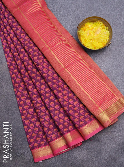 Malai silk saree dark purple and pink with allover floral prints and zari woven border