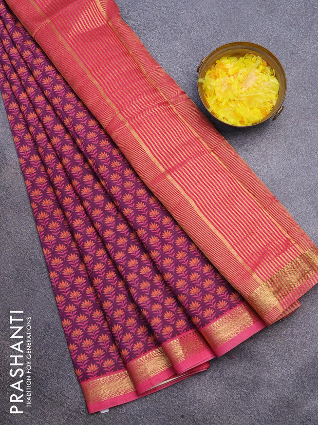 Malai silk saree dark purple and pink with allover floral prints and zari woven border