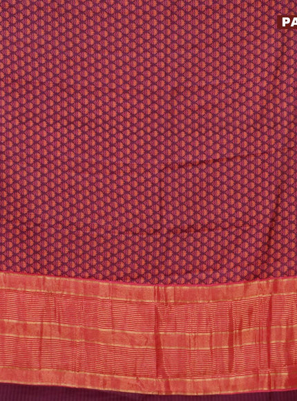 Malai silk saree dark purple and pink with allover floral prints and zari woven border