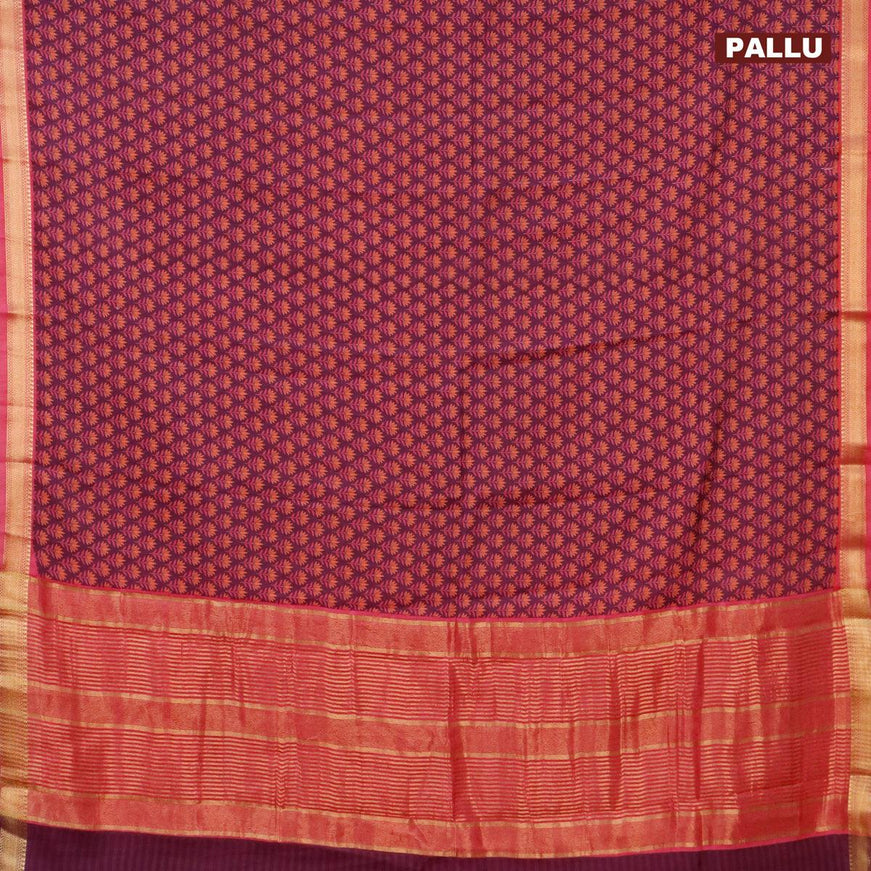 Malai silk saree dark purple and pink with allover floral prints and zari woven border