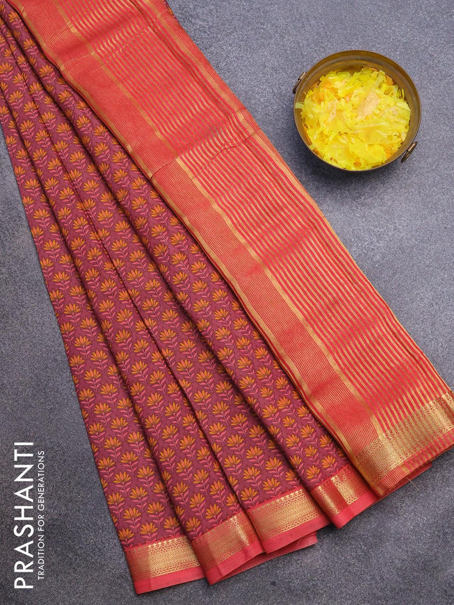 Malai silk saree mauve pink and peach pink with allover floral prints and zari woven border