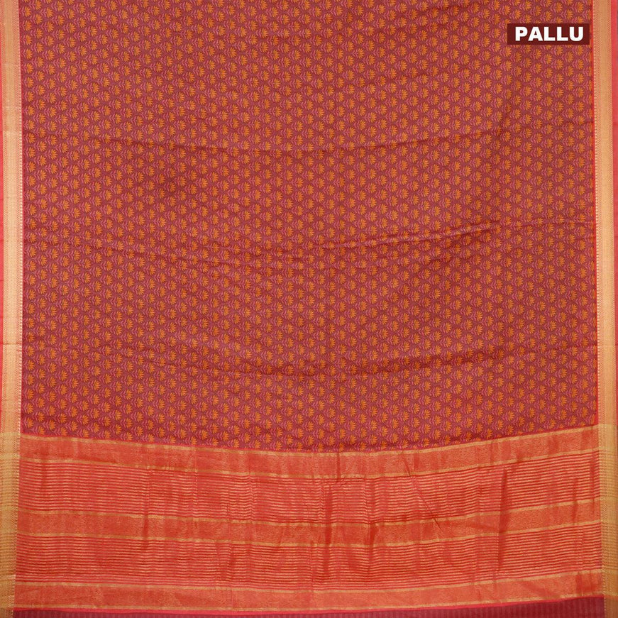 Malai silk saree mauve pink and peach pink with allover floral prints and zari woven border