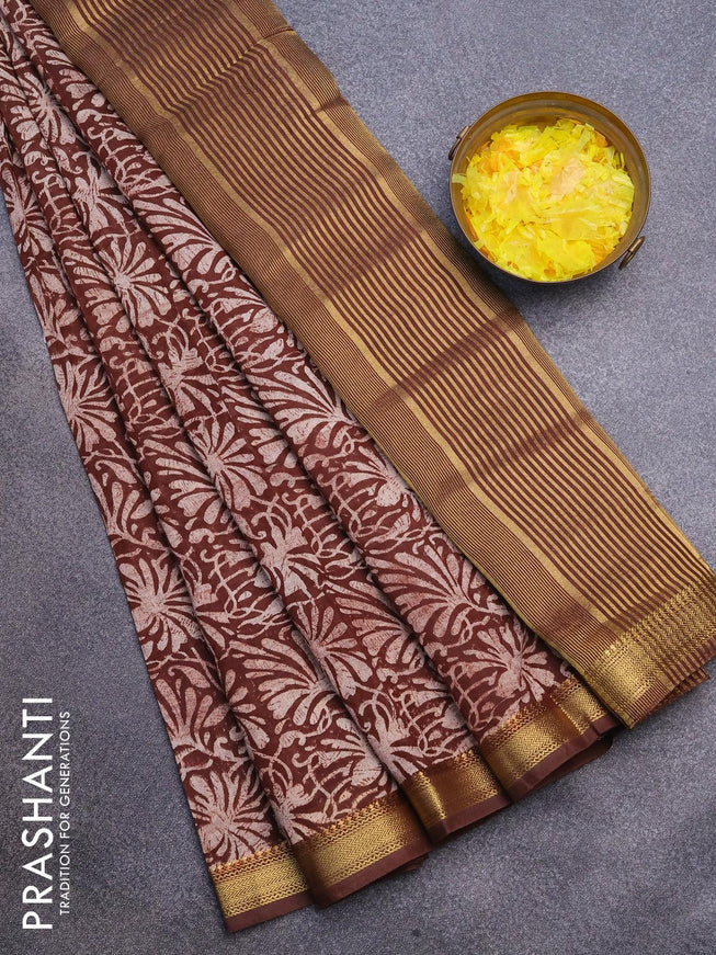 Malai silk saree brown with allover prints and zari woven border