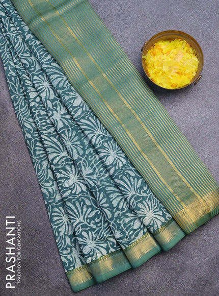 Malai silk saree peacock green with allover prints and zari woven border