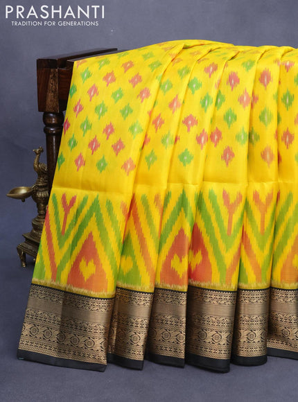 Ikat soft silk saree yellow and black with allover ikat weaves and zari woven border