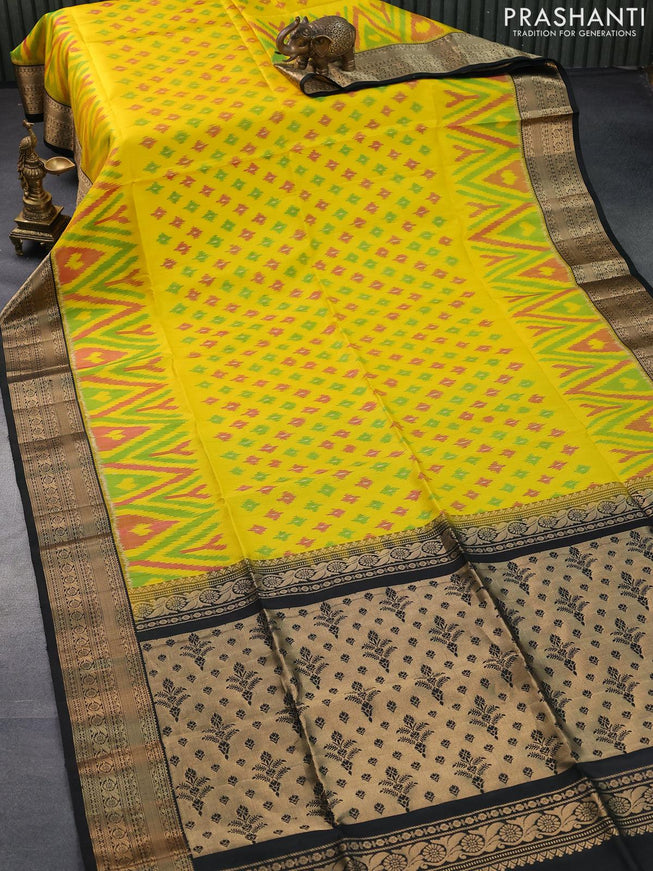 Ikat soft silk saree yellow and black with allover ikat weaves and zari woven border