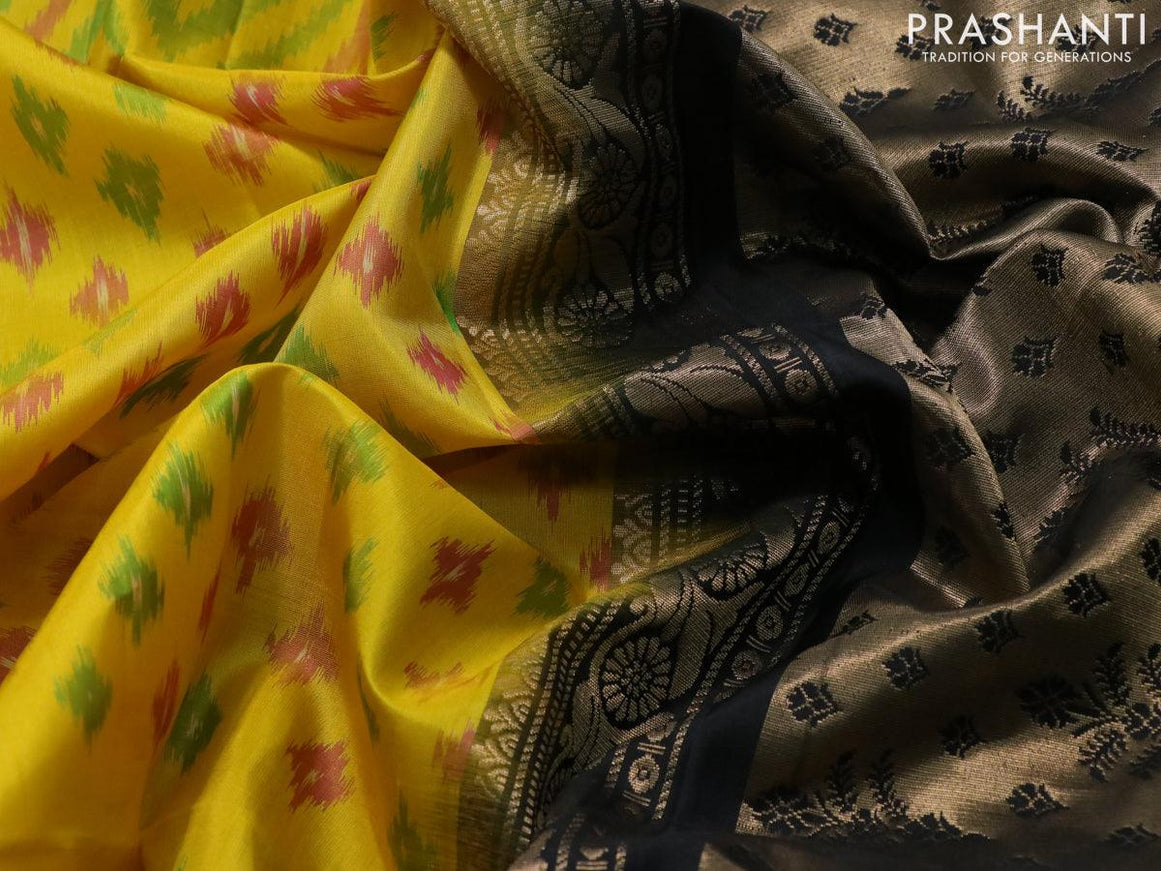 Ikat soft silk saree yellow and black with allover ikat weaves and zari woven border