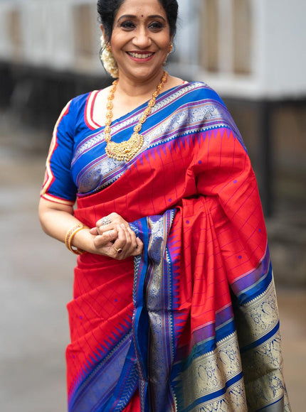 Pure kanjivaram silk saree red and blue with allover checked pattern and temple design thread woven border