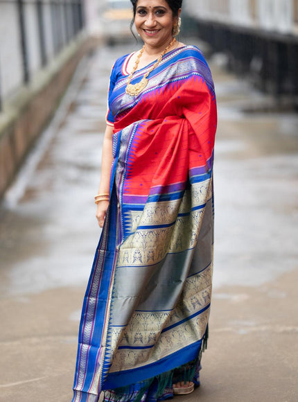 Pure kanjivaram silk saree red and blue with allover checked pattern and temple design thread woven border