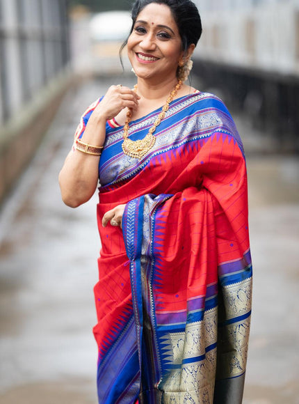 Pure kanjivaram silk saree red and blue with allover checked pattern and temple design thread woven border