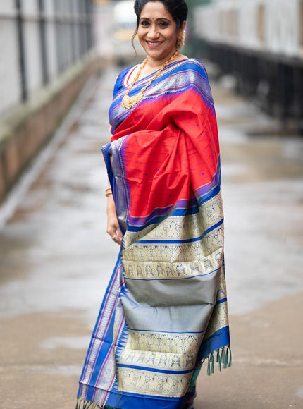 Pure kanjivaram silk saree red and blue with allover checked pattern and temple design thread woven border