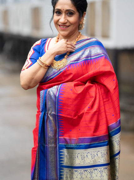 Pure kanjivaram silk saree red and blue with allover checked pattern and temple design thread woven border