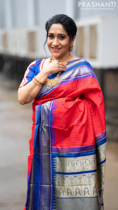 Pure kanjivaram silk saree red and blue with allover checked pattern and temple design thread woven border