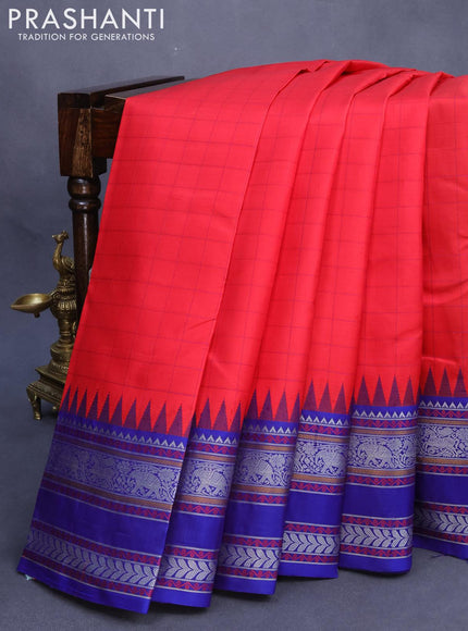 Pure kanjivaram silk saree red and blue with allover checked pattern and temple design thread woven border