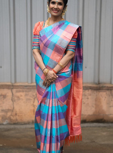 Pure kanjivaram silk saree multi colour with allover paalum pazhamum checked pattern and zari woven butta border