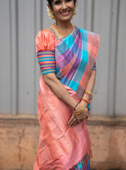 Pure kanjivaram silk saree multi colour with allover paalum pazhamum checked pattern and zari woven butta border