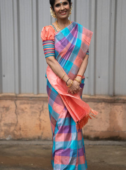 Pure kanjivaram silk saree multi colour with allover paalum pazhamum checked pattern and zari woven butta border