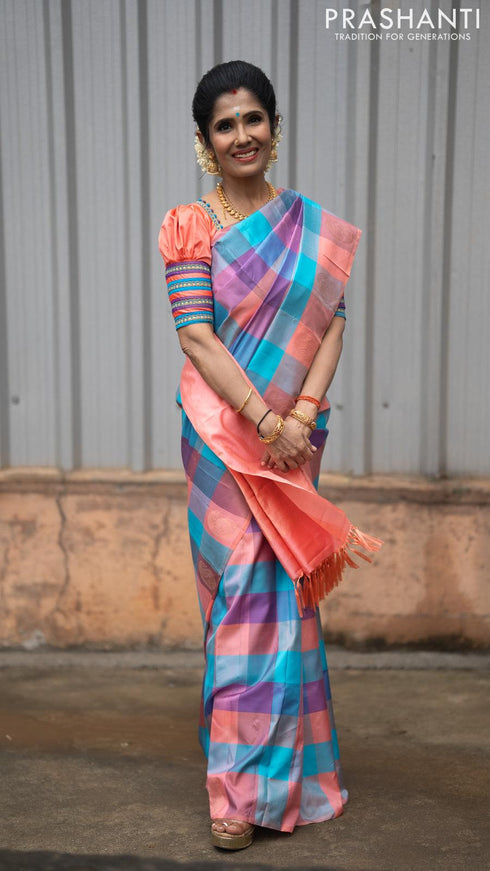 Pure kanjivaram silk saree multi colour with allover paalum pazhamum checked pattern and zari woven butta border