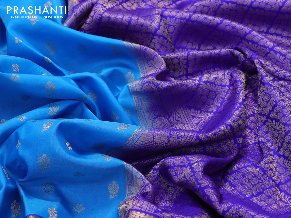 Pure kanjivaram silk saree blue and royal blue with zari woven 1000 buttas and long rich zari woven border